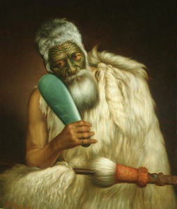 Wiremu Kingi, le chef de la tribu des Te Āti Awa tenant un mere (massue) de jade (peinture par Gottfried Lindauer)