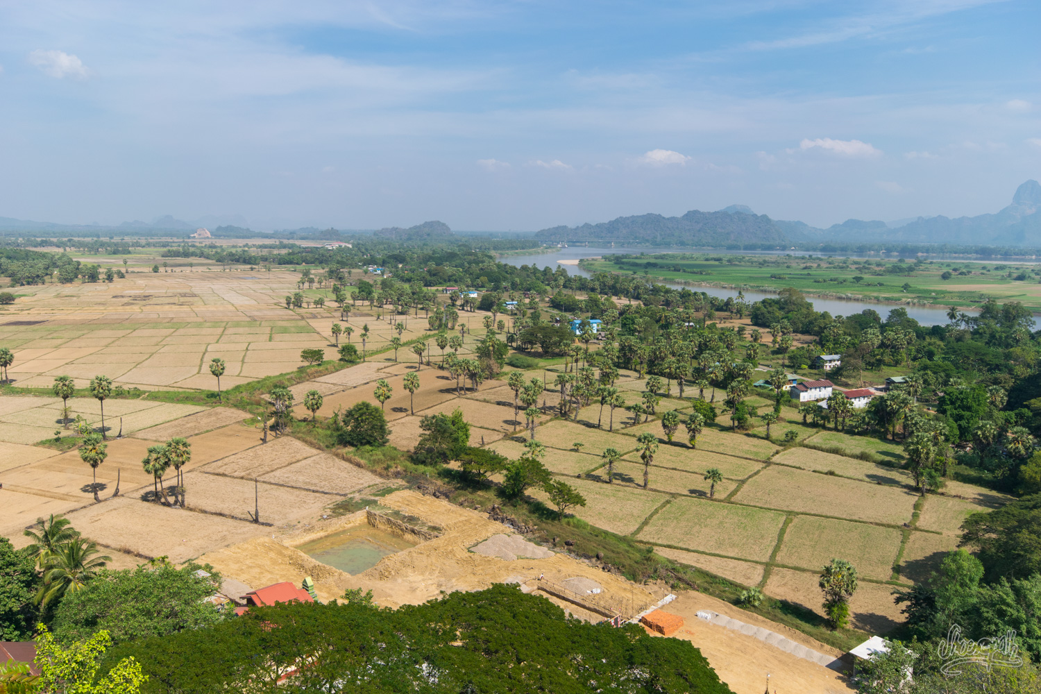 Panoramic view over Hpa An region, from the top of Kaw Goon Cave