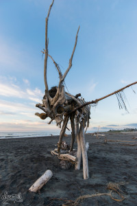 Les restes du Driftwood festival sur la plage d'Hokitika